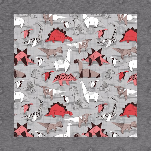 Origami dino friends // pattern // grey linen texture background red white and beige dinosaurs by SelmaCardoso